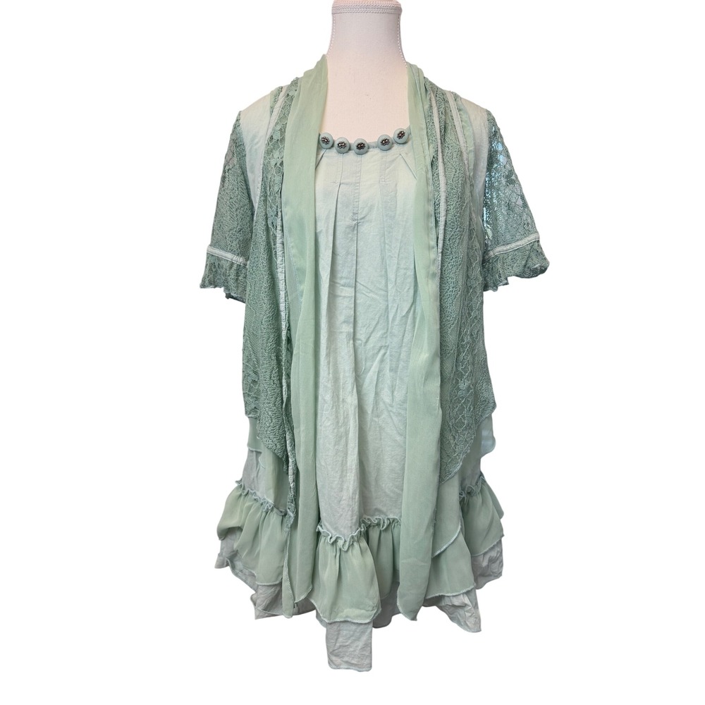 Pretty Angel Small Silk Blend Lace Ruffle Tunic Top Seafoam Green Boho Fairy
